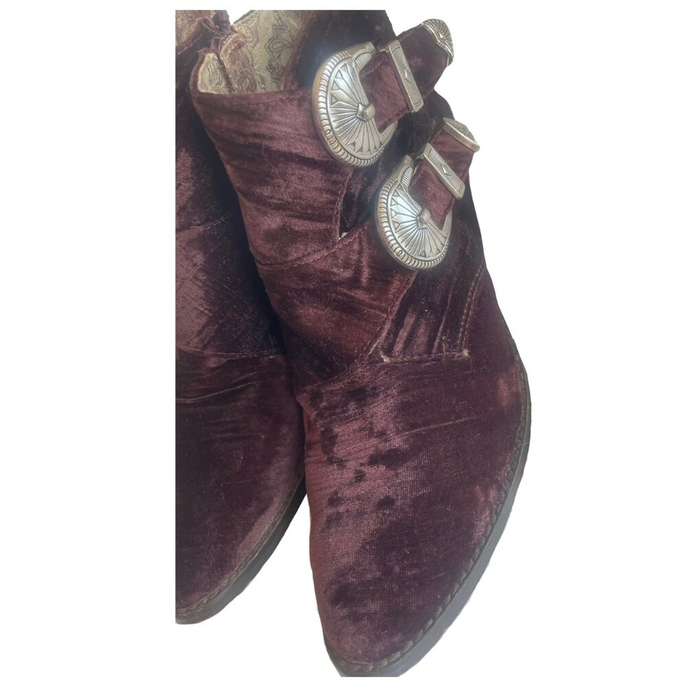 Band of Gypsies Burgundy Velvet Ankle Boots with Silver Concho Buckles